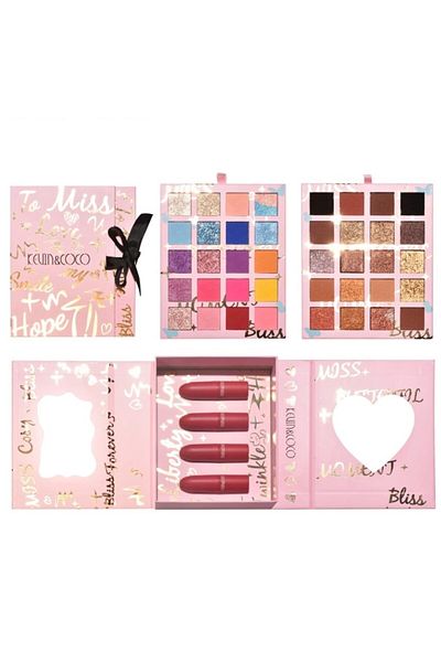 kevin coco Set Machiaj Cadou: 4 Lip Gloss, Paleta 40 Culori Nude/Rose, Pudra Compacta, 17x14x5 cm