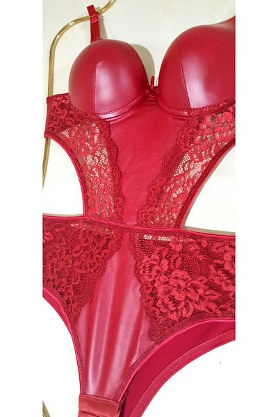 MAVEA Leather Bodysuit Transparent Lace Padded