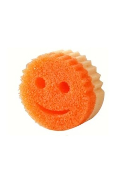 OEM Round Dish Sponge, PU Sponge, Smiley Face Pattern, Two Sides, 10 x 4 cm, Orange/Yellow