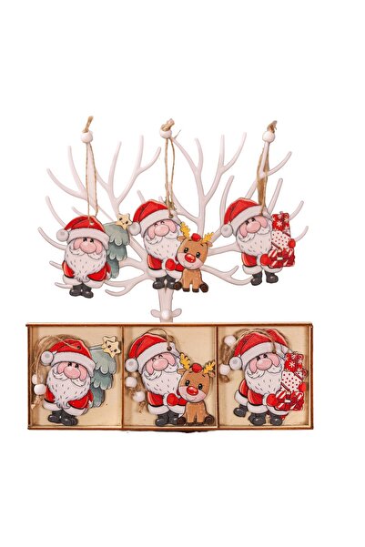 Flippy Set of 9 Wooden Christmas Ornaments with Hanging String — Santa, Reindeer & Gifts, Multicol