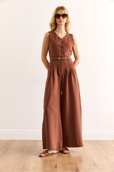 Olalook Women's Brown Buttoned Pocket Belted Wide Leg Jumpsuit Tlm-19000157