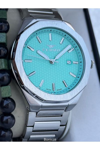 FERRO Men's Wristwatch, Silverturquoise Color Steel Band, with Calendar, in Stylish Box, Bracelet Gift