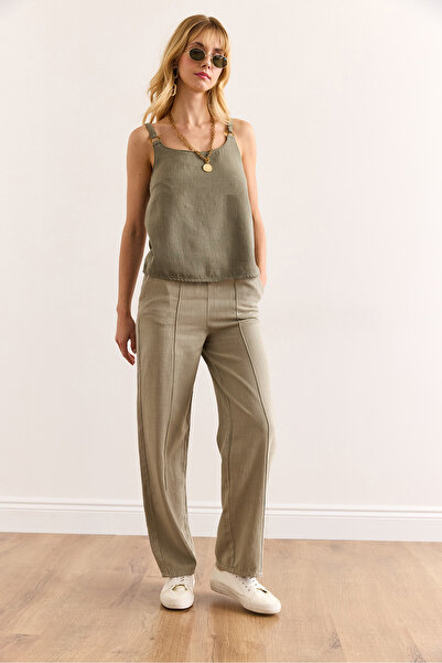 Olalook Kadın Haki Beli Lastikli Önü Dikişli Yıkamalı Tok Keten Pantolon PNT-19000342