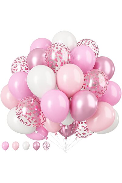 Teo Set of 16 Metallic Latex Balloons, , Party Model, 30 cm, White, Pink, Chrome Pink, Transparent Confetti