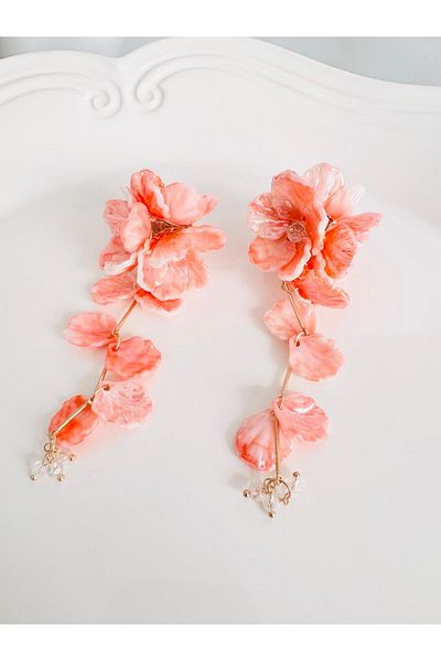 DEVİ fashion Long Pink Flower Dangle Earrings 12 cm