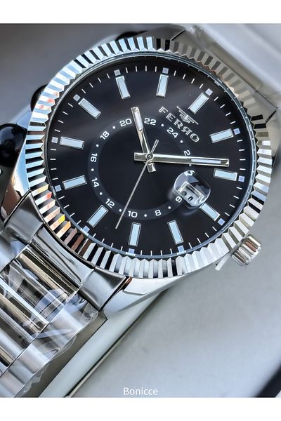 FERRO Men's Wrist Watch, Silver Black Color Steel Band, with Calendar, Bracelet Gift