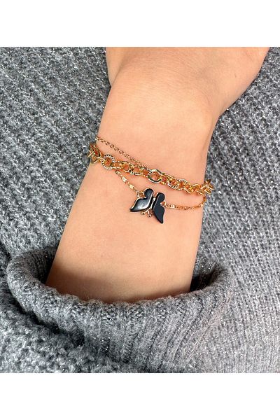 MR Black Butterfly Figure Two Chain Bracelet
