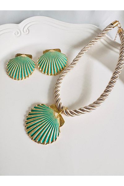 DEVİ fashion Wicker Rope Big Oyster Necklace Earring Set