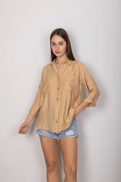 İntive Lingerie Cămașă de vară pentru femei, confortabilă, subțire, cu buzunar bej, cu nasturi în față