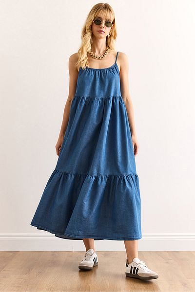 Olalook Women's Blue Strap Adjustable Maxi Denim Dress Elb-19002417