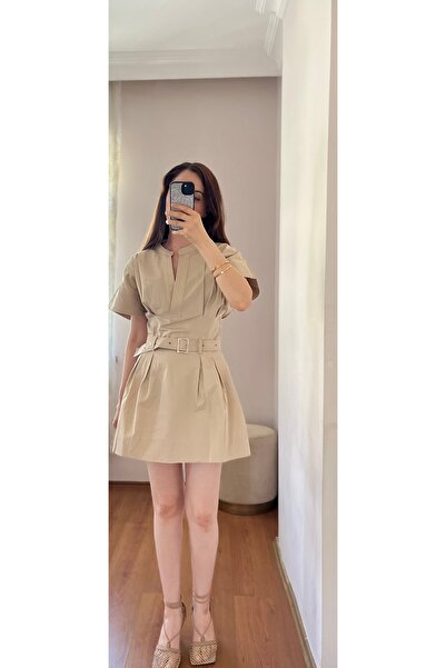 Meros Atelier فستان نسائي صيفي من قماش بيج فاخر موديل Zr مصنوع من الكتان المخ...