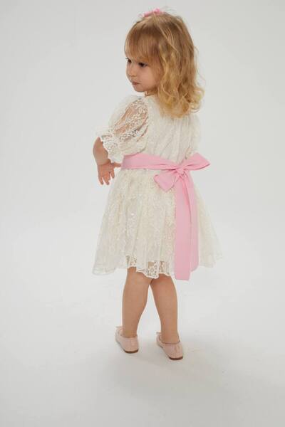 TİJK Girl's Waist Tie Guipure Dress