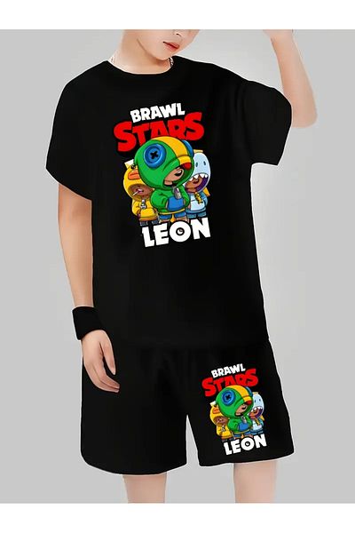 AEMİ Children's Brawl Stars Leon Printed Shorts T-Shirt Bottom Top Set 100% Cotton