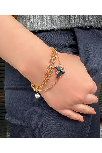 MR Black Butterfly Figure Two Chain Bracelet