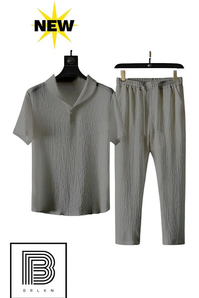 BRLKN Boyfriend Fit Seersucker Fabric Alacati Style Unisex Bürümcük T-Shirt Tracksuit Set