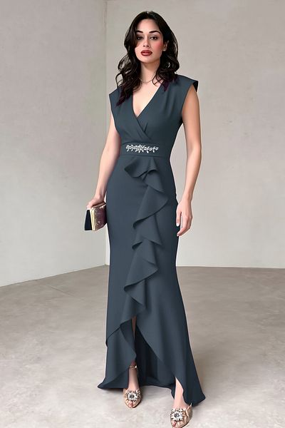 ALFUDO Moda Collection Women's Scuba Crepe Fabric Double Breasted Collar Skirt Flounced Evening Dress Graduation Wedding Dress