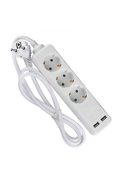 OEM Extension cord 3 sockets + 2x USB 1.5m 3G1.5mm2 white V-TAC SKU-8774