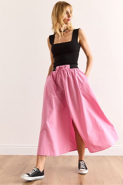 Olalook Women's Pink Black Banded Front Slit Lace up Midi Bell Skirt Etk-19000321