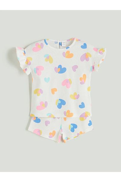 LC Waikiki Lcw Kids Ecru Heart Printed Girls Blouse and Shorts 2-Pack