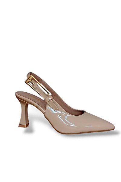 MODA Beige Patent Leather Heeled Belted Stylish Women's Shoes Elegant Design