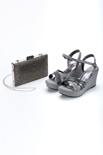AYDOĞDU by ünal Platinum Evening Dress Stone Stylish Women's Bag Shoes Combination-6000