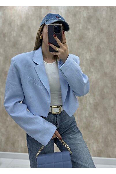 RAVİ Rv bebe mavi tasarım keten vatkalı crop ceket