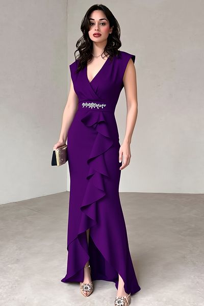 ALFUDO Moda Collection Women's Scuba Crepe Fabric Double Breasted Collar Skirt Flounced Evening Dress Graduation Wedding Dress