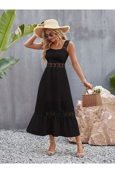 modaserdem Women's Strappy Lace Detailed Kiloş Janjan Crepe Dress