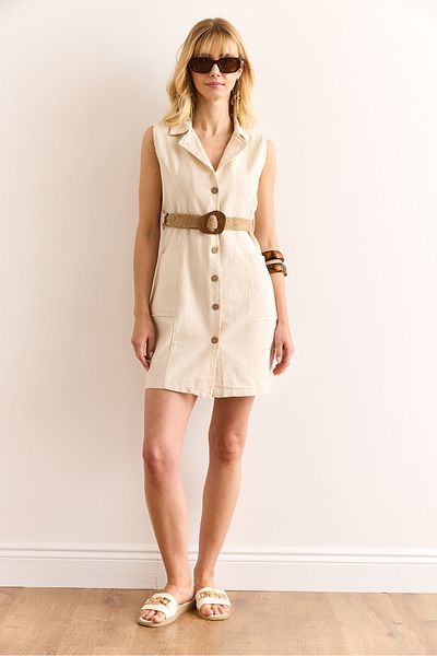 Olalook Women's Ecru Pocket Straw Belted Mini Linen Shirt Dress Elb-19002420