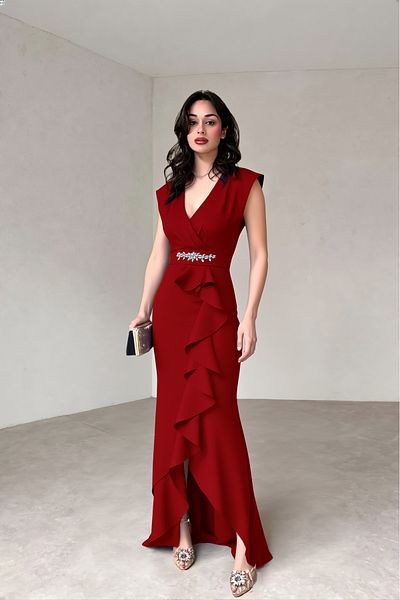 ALFUDO Moda Collection Women's Scuba Crepe Fabric Double Breasted Collar Skirt Flounced Evening Dress Graduation Wedding Dress