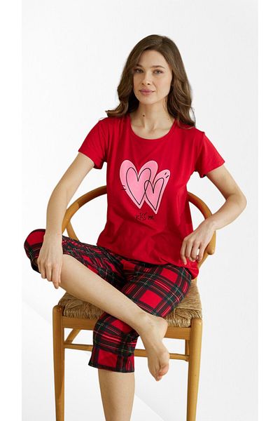 seamlife Women's 100% Cotton Red Heart Patterned Short Sleeve Six Plaid Capri Pajama Set
