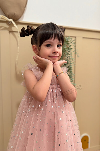 penu baby kids Pudra Askılı Yıldız Baskılı Tül Kolsuz Kız Çocuk Kız Bebek Elbise