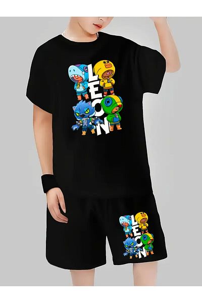 AEMİ Children's Brawl Stars Leon Printed Shorts T-Shirt Bottom Top Set 100% Cotton