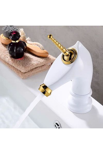 Blackswan Design Bathroom sink faucet, Blackswan, Type M278 Unicorn, white/gold short model, size 20 cm