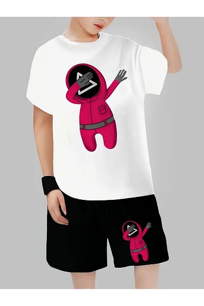 AEMİ Children's Squid Game Printed Shorts T-Shirt Bottom Top Set 100% Cotton