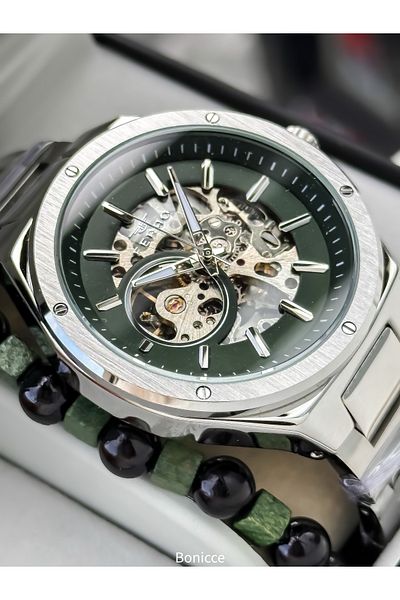 FERRO Men's Wrist Watch, Automatic (Without Battery), Silver Green Color, Steel Band, Stylish Bracelet in Box Gift