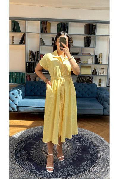 NIDAFASHION Short Sleeve Half Lined Belt Shirt Collar Full Button Slim Linen Dress
