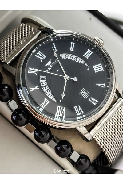FERRO Men's Wristwatch, Silver Mesh Steel Band, with Calendar, Bracelet Gift