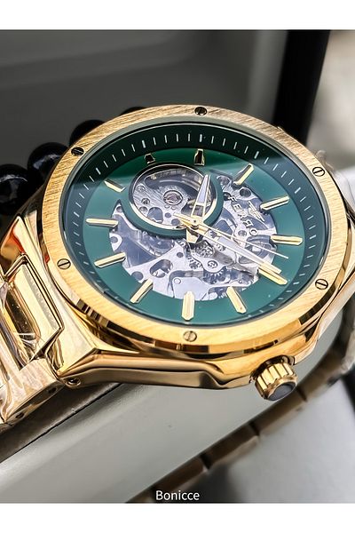 FERRO Men's Wrist Watch, Automatic (Without Battery), Yellow Color, Steel Band, Stylish Bracelet in Box Gift