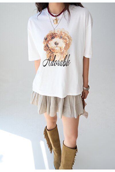 FEMMESTUDIO Γυναικείο T-shirt Cream Crew Neck με φιγούρα ζώου