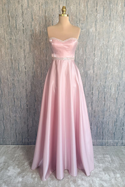 Lenta Moda Pudra Parlak Saten Maxi Boy Abiye Ve Gece Elbisesi