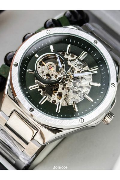 FERRO Men's Wrist Watch, Automatic (Without Battery), Silver Green Color, Steel Band, Stylish Bracelet in Box Gift