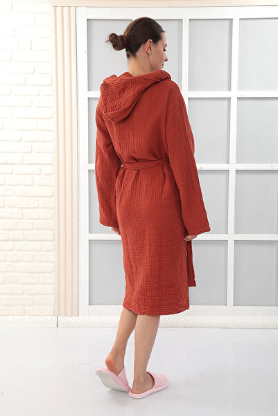 Almir Home Hooded 4 Layer Muslin Bathrobe Unisex-Tile Color