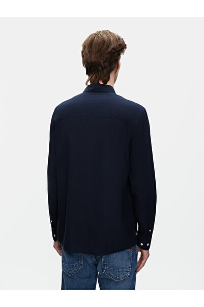 Ltb Basic Linen Look Regular Long Sleeve Navy Blue Shirt
