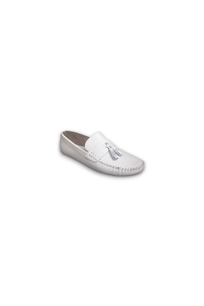 Growish Gr0312 Genuine Leather Saddler Rok Model Men's Tasseled White Color Loafer Shoes
