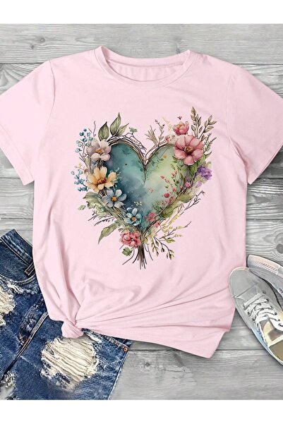PALPİTO تي شيرت نسائي وردي كبير الحجم مطبوع عليه قلب زهري