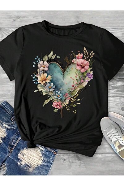 PALPİTO Ženska crna cvetna haljina u obliku srca Štampano Oversize kroj T-shirt