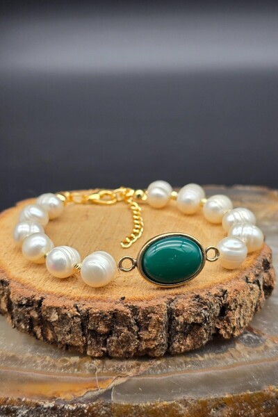 NBS Beautiful Naturel Stones Copper Real Pearl Green Bracelet Design (Engagement, Wedding, Daily, Gift) Trend