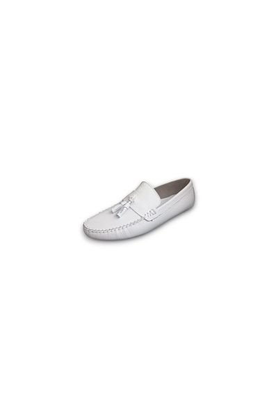 Growish Gr0312 Genuine Leather Saddler Rok Model Men's Tasseled White Color Loafer Shoes