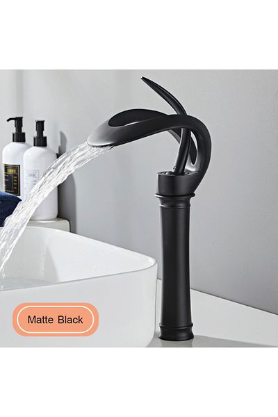 Blackswan Design Baterie chiuveta baie, Blackswan, Tip M217, negru cu pipa tip cascada si montare pe blat, 34 cm